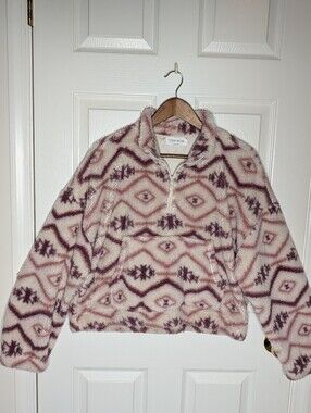 PINK ROSE Plush Half-Zip Fleece Pullover - Cream, Wine & Pink
